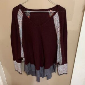 Elegant Burgundy and Gray Long Sleeve Blouse